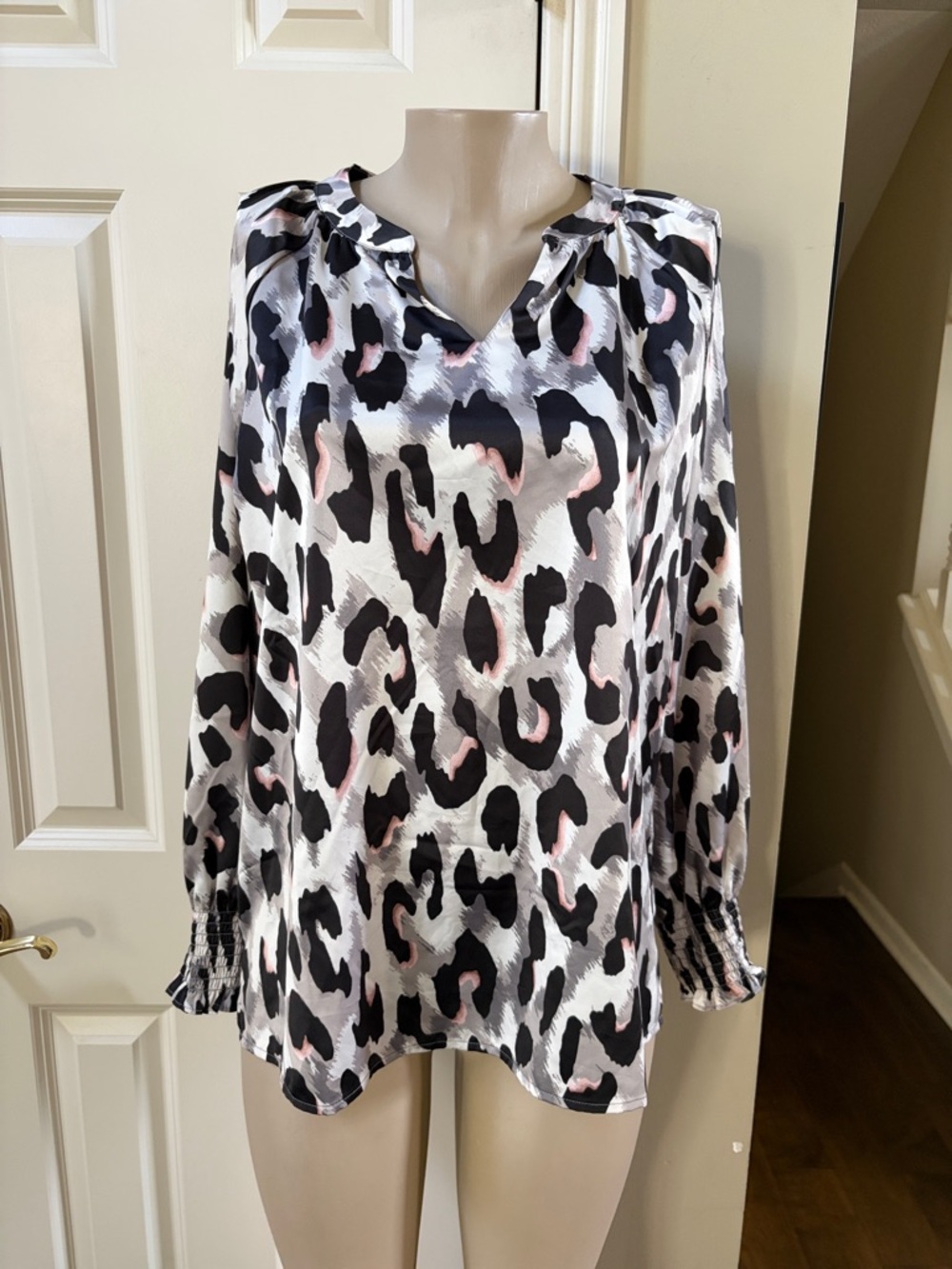 Belle by Kim Gravel Black, White & Pink Leopard Print Long Sleeve Blouse